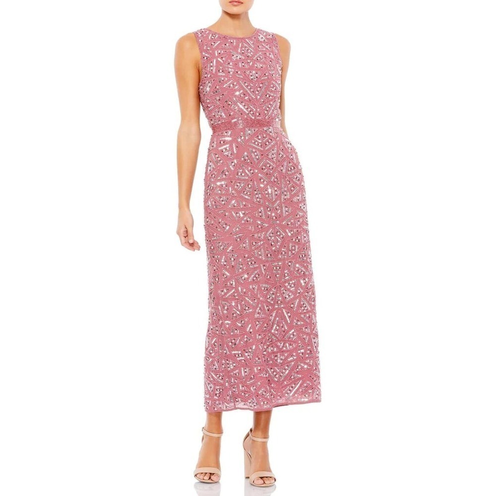 Mac Duggal Geometric Patterned Sequin Midi Dress Rosewood Size 14 NWT